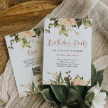 Vintage Floral | QR Code Birthday Party Invitation<br><div class="desc">This lovely birthday party invitation features elegant peach coloured vintage peony flowers, with plenty of foliage, green leaves, and branches. They decorate a simple white background with modern script typography. The back of the card has a spot for a scannable QR code so guests can easily rsvp. The perfect way...</div>
