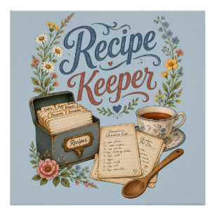 Vintage Floral Recipe Keeper Cottagecoreue Blue Poster