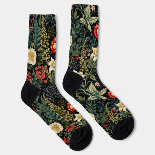 Vintage Floral Red Dahlia White Lilies Boho Socks