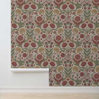 Vintage Floral Red Green boho chic Wallpaper