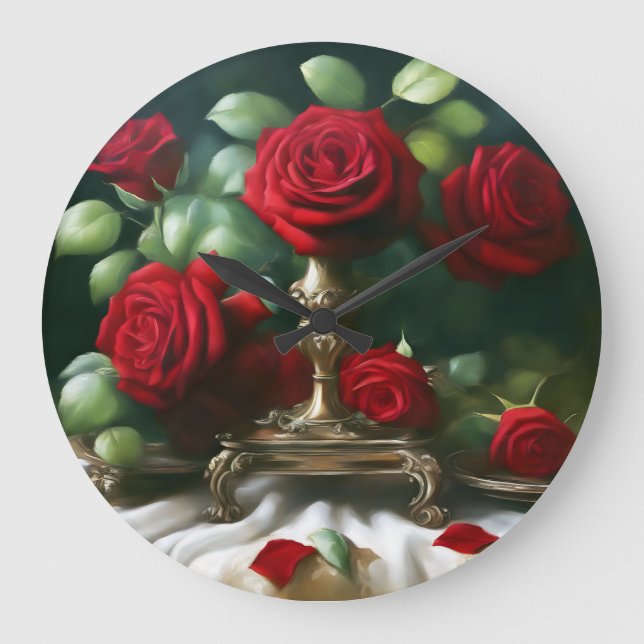 Vintage Floral Red Roses Large Clock (Front)
