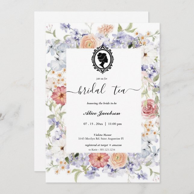 Vintage floral regency bridal shower invitation (Front/Back)