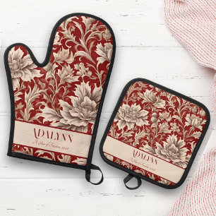 Vintage Floral Retirement Gifts for Mum Red Oven Mitt & Pot Holder Set