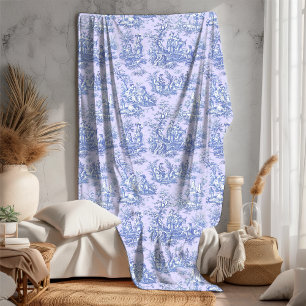 Vintage floral retro blue purple toile de jouy fleece blanket