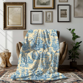 Vintage floral retro blue yellow toile de jouy fleece blanket