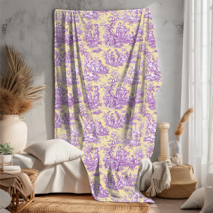 Vintage floral retro purple yellow toile de jouy fleece blanket