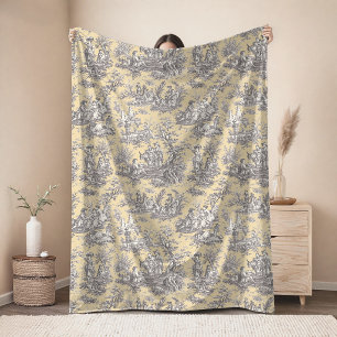 Vintage floral retro yellow grey toile de jouy fle fleece blanket
