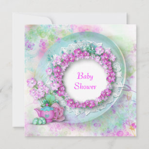vintage floral rose and teal shower invitation