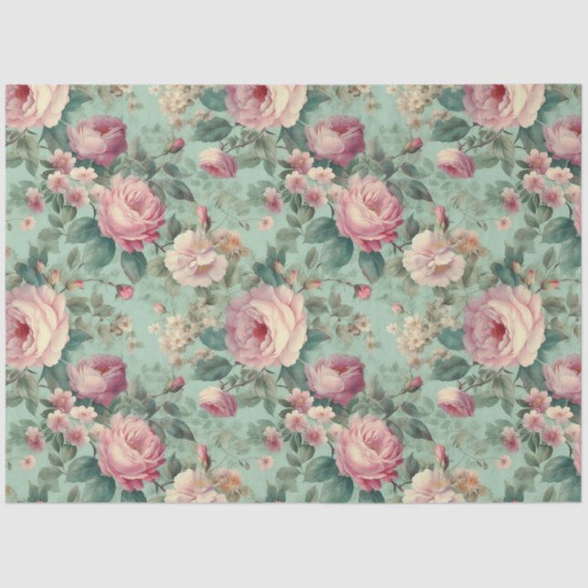 Vintage Floral Rose Aqua Decoupage Tissue Paper (Front)