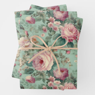Vintage Floral Rose Aqua Decoupage Wrapping Paper Sheet