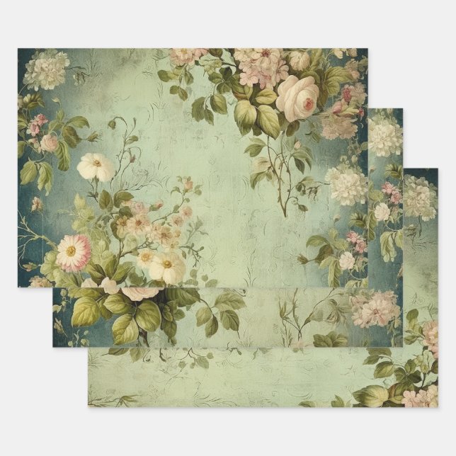 Vintage Floral Rose Decoupage Wrapping Paper Sheet (Set)