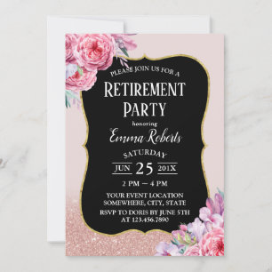 Vintage Floral Rose Gold Glitter Retirement Invitation