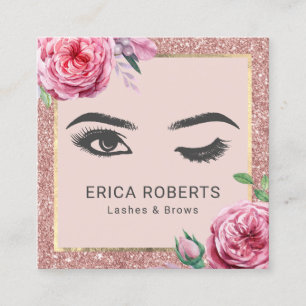 Vintage Floral Rose Gold Glitter Wink Eye Beauty Square Business Card