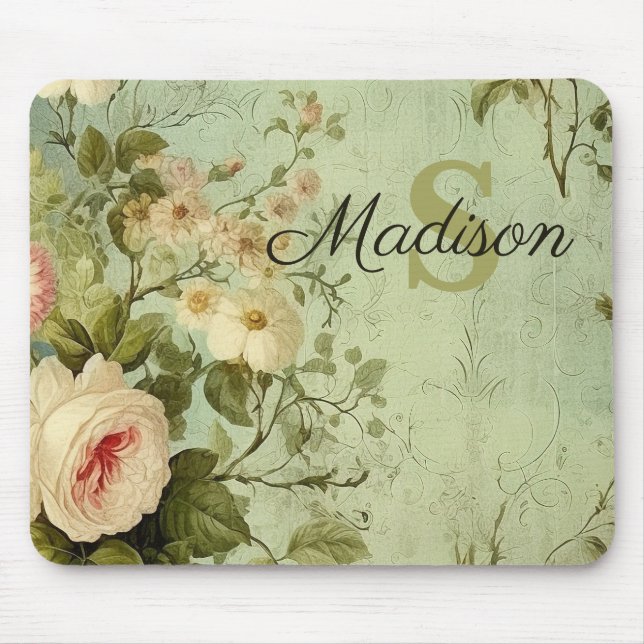 Vintage Floral Rose Greenery  Mouse Pad (Front)