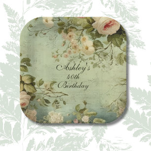 Vintage Floral Rose Greenery Paper Plate
