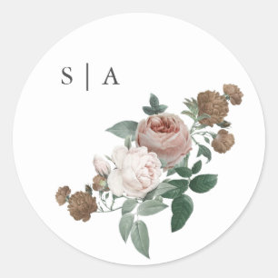 Vintage Floral Rose Monogram Classic Round Sticker