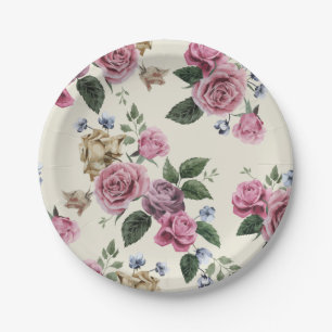 Vintage Floral Rose Pink And Lavender Flower Paper Plate