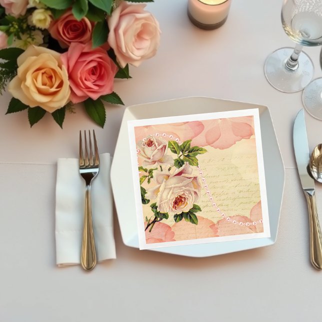 Vintage Floral Roses Antique Handwriting Decoupage Napkin (Creator Uploaded)