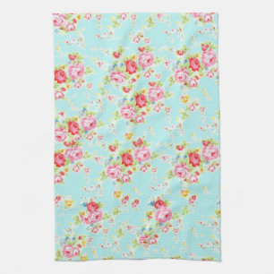 Vintage floral roses blue shabby chic rose flowers tea towel