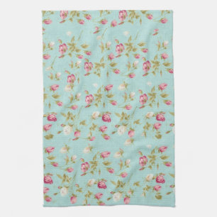 Vintage floral roses blue shabby chic rose flowers tea towel