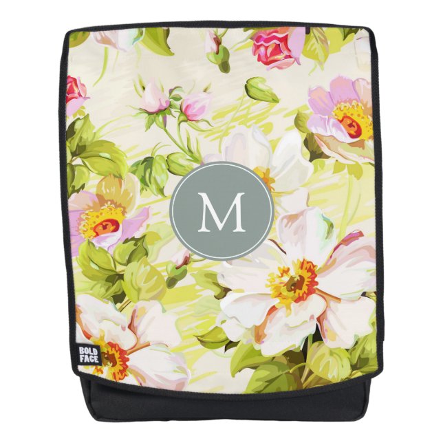 Vintage Floral Roses Peonies Monogram Backpack (Front)