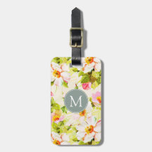 Vintage Floral Roses Peonies Monogram Luggage Tag
