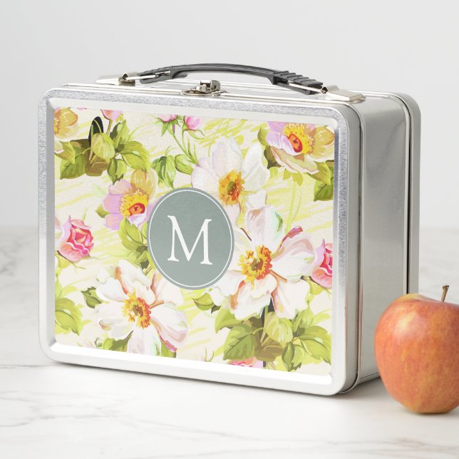 Vintage Floral Roses Peonies Monogram Lunchbox (In Situ)