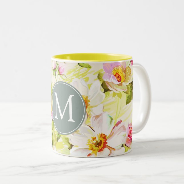Vintage Floral Roses Peonies Monogram Mug (Front Right)