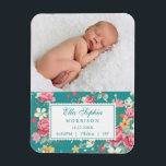 Vintage Floral Roses Photo Birth Announcement Magnet<br><div class="desc">This delicate birth announcement is perfect to announce the arrival of your newborn. It features a picture of the baby on the top half. The bottom half has a floral background and an scallop edge rectangle with all the birth details. This elegant announcement is modern with a retro touch.</div>