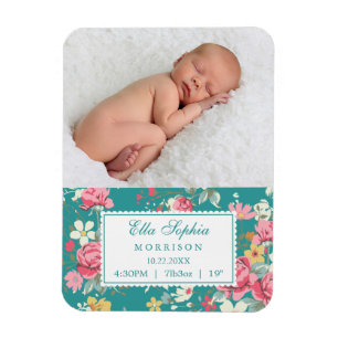 Vintage Floral Roses Photo Birth Announcement Magnet