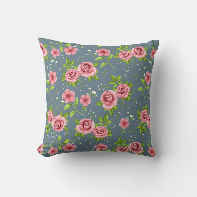 Vintage Floral Roses Pink Green Pattern Cushion (Front)
