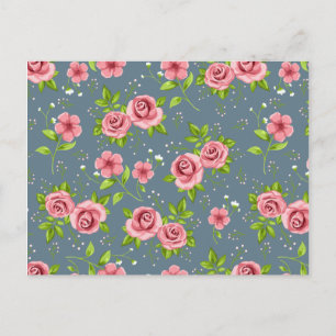 Vintage Floral Roses Pink Green Pattern Postcard