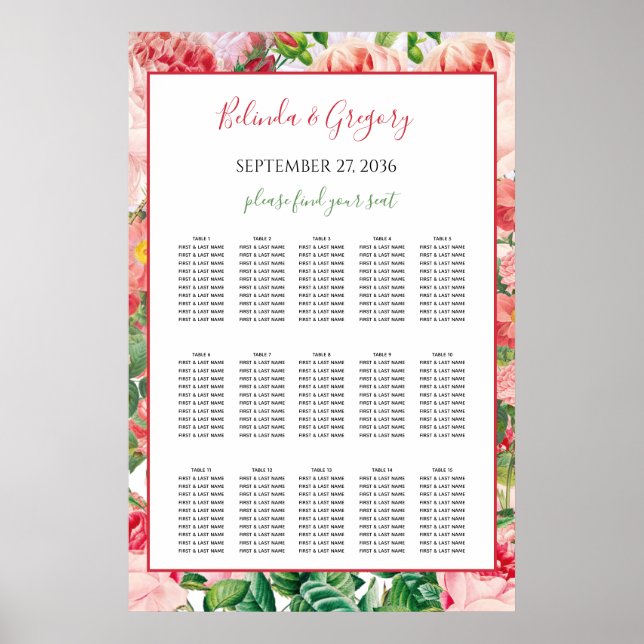 Vintage Floral Roses Wedding Seating Chart (Front)