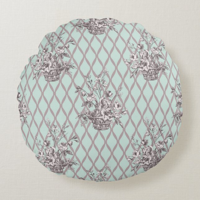 Vintage Floral Round Pillow in Mint Blue (Front)