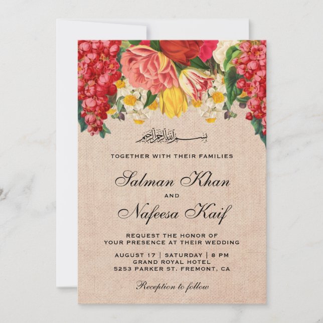 Vintage Floral Rustic Burlap Muslim Wedding Invitation (Front)