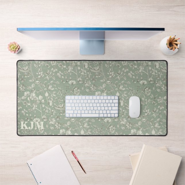 Vintage Floral Sage Green Monogram Desk Mat (Office 1)