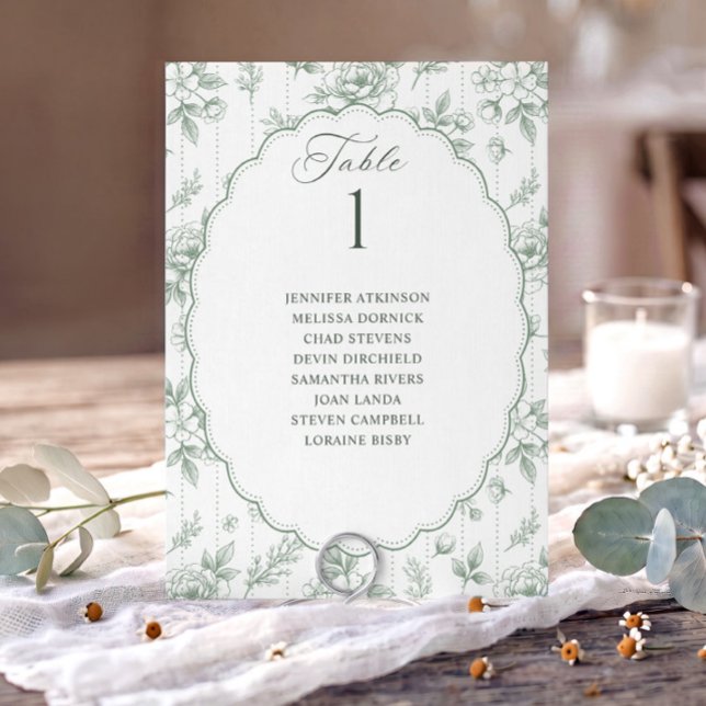Vintage Floral Sage Green Wedding Seating Chart (Sage green French floral wedding seating chart card with oval scalloped frame and guest names.)
