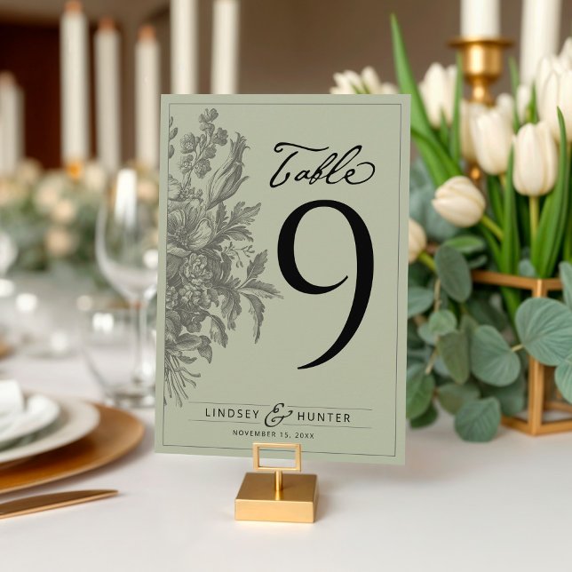 Vintage Floral Sage Green Wedding Table Number (Elegant vintage floral bouquet sage green & black simple wedding reception dinner table number card)