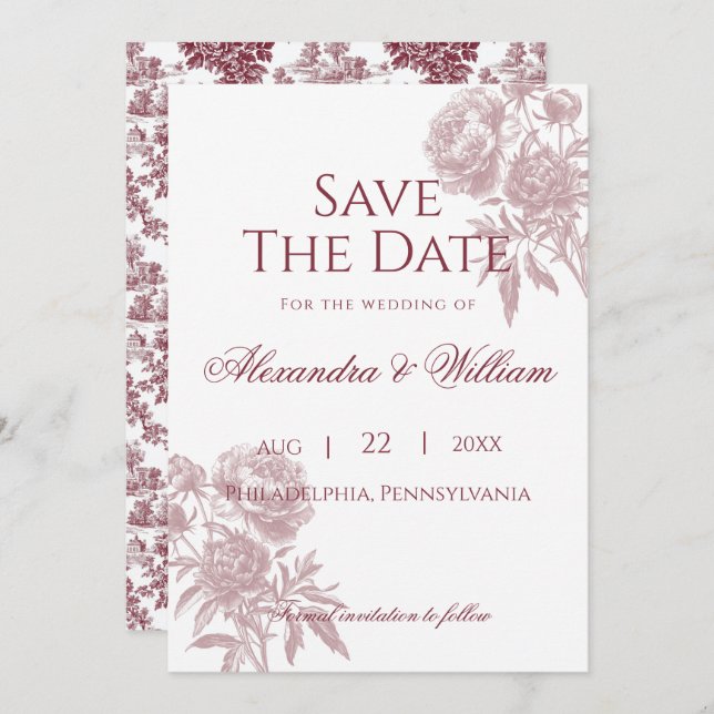 Vintage Floral Save the Date – Burgundy Toile (Front/Back)