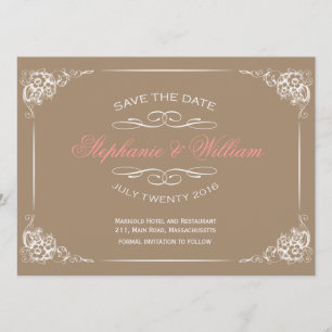 Vintage Floral Save The Date Card in Mocha