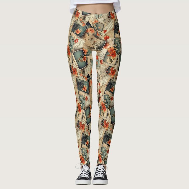 Vintage Floral Scrapbook Pattern Leggings (Front)