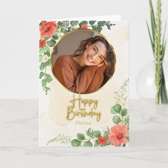 Vintage  Floral Script Circle Photo Birthday Card (Front)