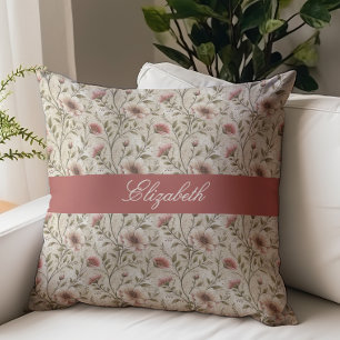 Vintage Floral Script Monogram Name Beige Cushion