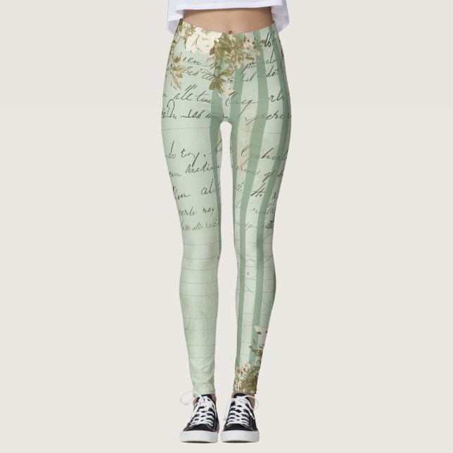 Vintage Floral Script Stripe Leggings (Front)