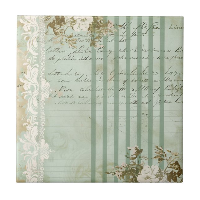 Vintage Floral Script Stripe Tile (Front)