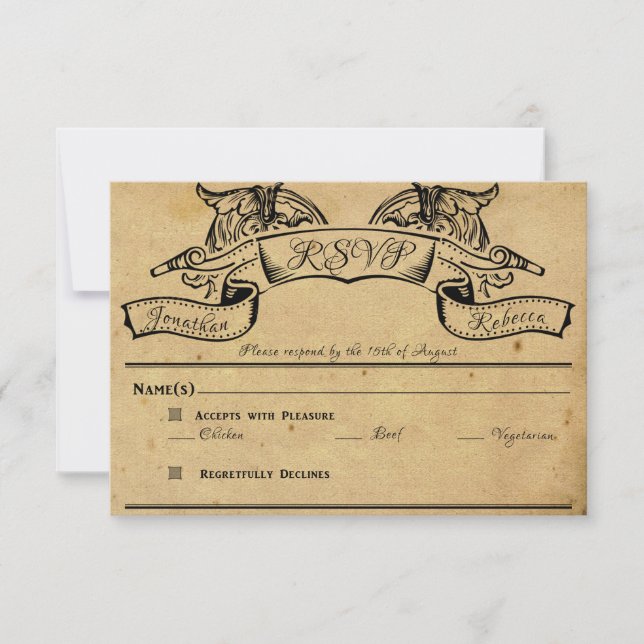 Vintage Floral Scroll Banner Wedding Response Card (Front)