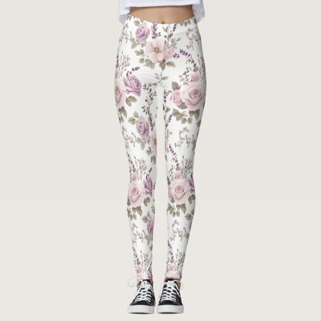 Vintage Floral Seamless Pattern: Roses & Lavender Leggings (Front)