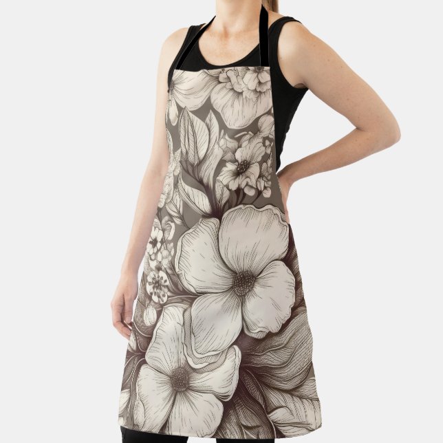 Vintage Floral Sepia Pattern (10) Apron (Insitu)