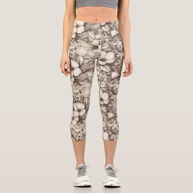 Vintage Floral Sepia Pattern (10) Capri Leggings (Front)