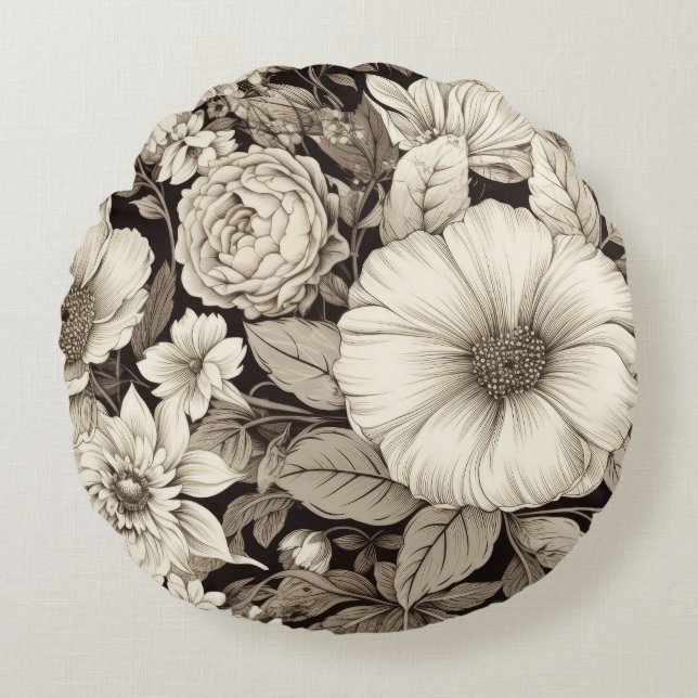 Vintage Floral Sepia Pattern (12) Round Cushion (Front)